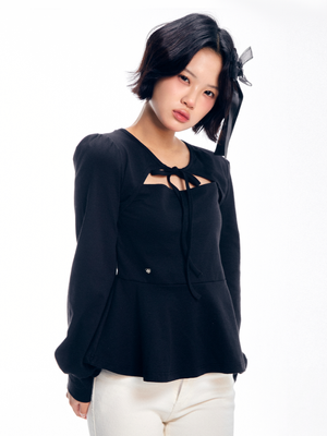 볼레로 플레어 리본 티셔츠 - 블랙