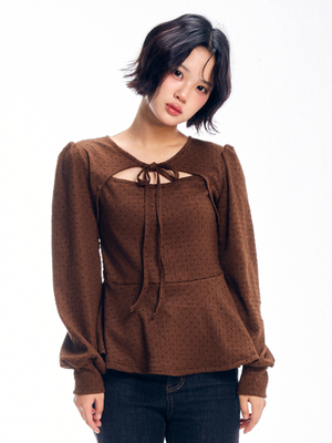 도트 주름 볼레로 티셔츠 - 브라운