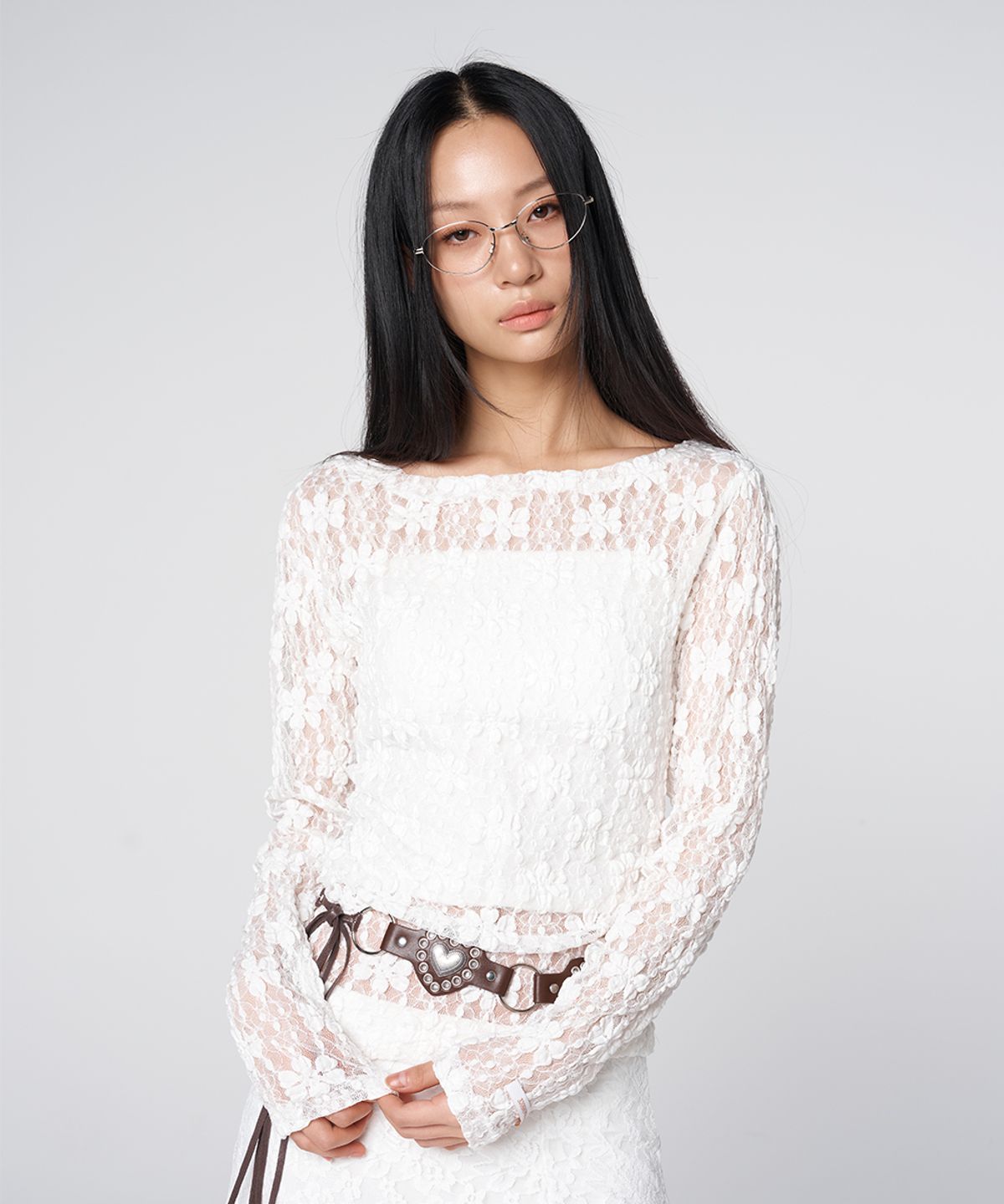 320쇼룸(320SHOWROOM) Sheer Lace Shirred Top White