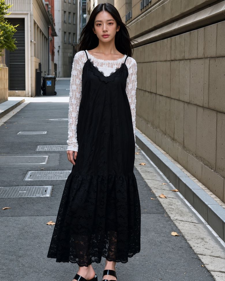 Sheer Lace Slip Dress Black
