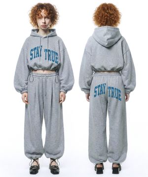 [set] 아치 스테이 블루 스트링 오버핏 크롭 후드 + 원턱 와이드 팬츠 - 멜란지