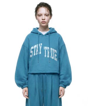 아치 스테이 화이트 스트링 오버핏 크롭 후드 - 피콕그린