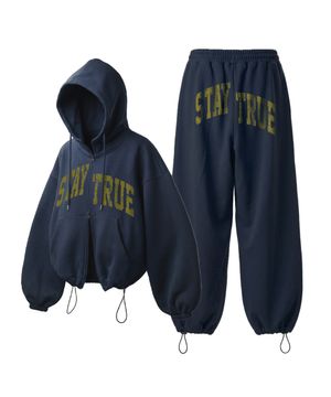 [set] 아치 스테이 스트링 오버핏 투웨이 후드 집업 + 원턱 와이드 팬츠 - 네이비