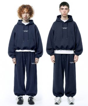 [set] 스몰 슬로우 앤드 소프트 스트링 오버핏 후드 + 원턱 와이드 팬츠 - 네이비