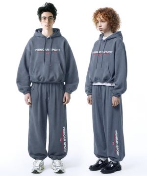 [set] 스포츠 스트링 오버핏 후드 + 원턱 와이드 팬츠 - 블루그레이
