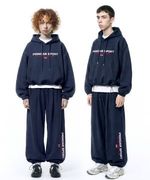 [set] 스포츠 스트링 오버핏 후드 + 원턱 와이드 팬츠 - 네이비