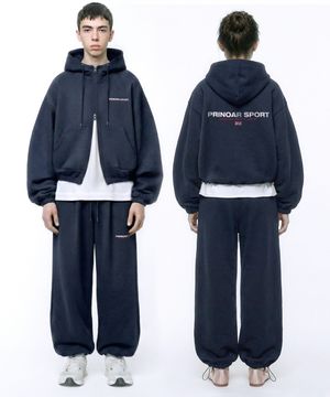 [set] 스포츠 스트링 오버핏 투웨이 후드 집업 + 원턱 와이드 팬츠 - 네이비