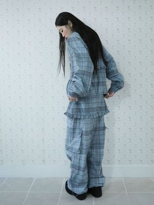 러플 체크 스커트 카고 팬츠(블루)