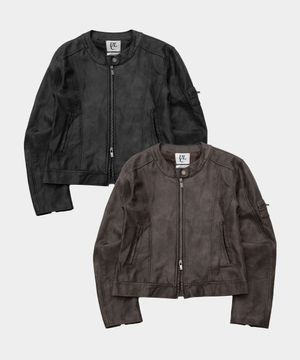 레이싱 넥 버튼 인시전 슬림 라인 바이커 레더 라이더 자켓_2COLOR