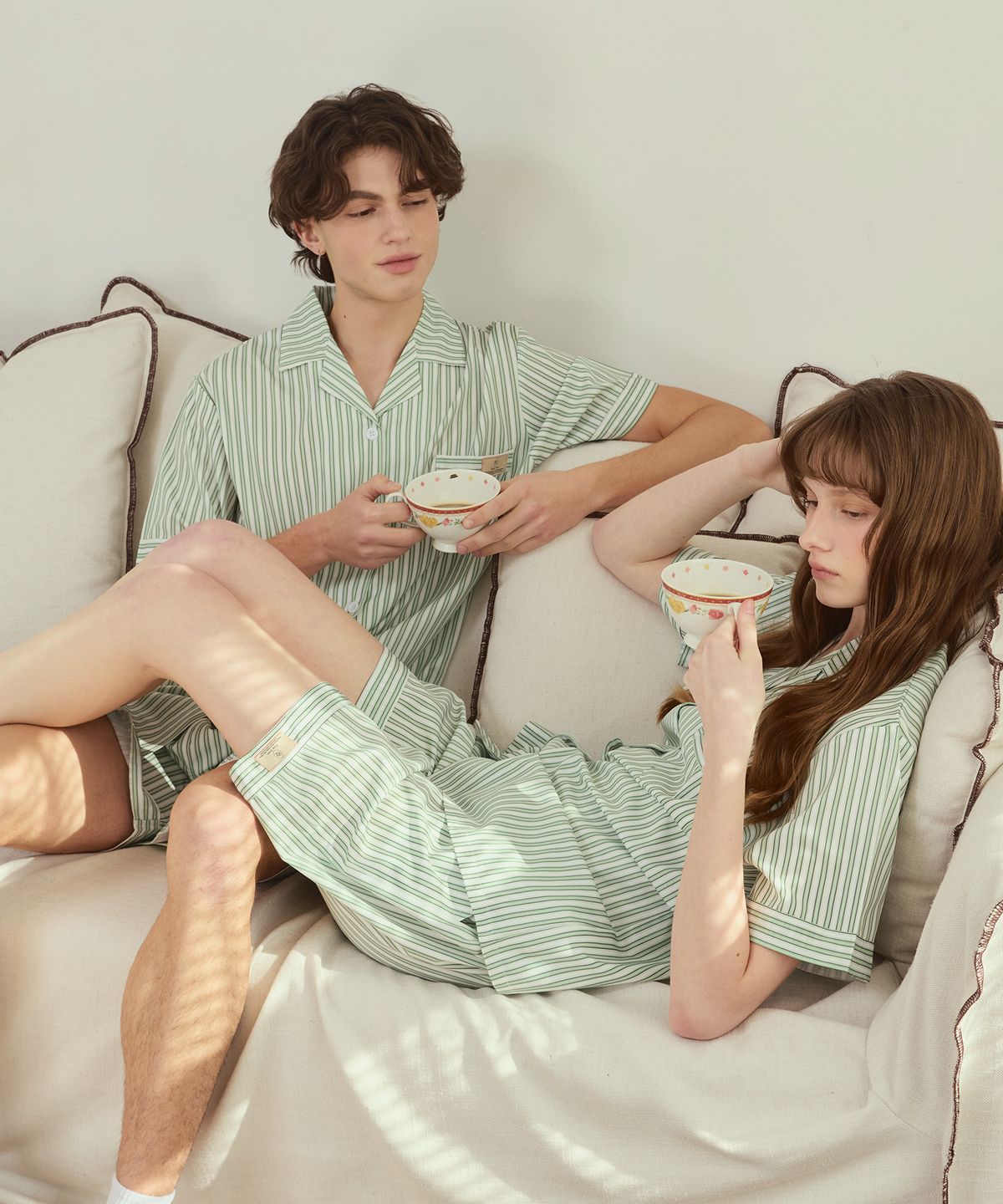 핑크존(PINKZONE) [2pack] (uni) 블레인 스트라이프 그린 반팔 카라 잠옷 세트
