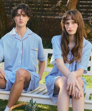 [2PACK] (uni) 크림소다 스트라이프 반팔 카라 잠옷 세트