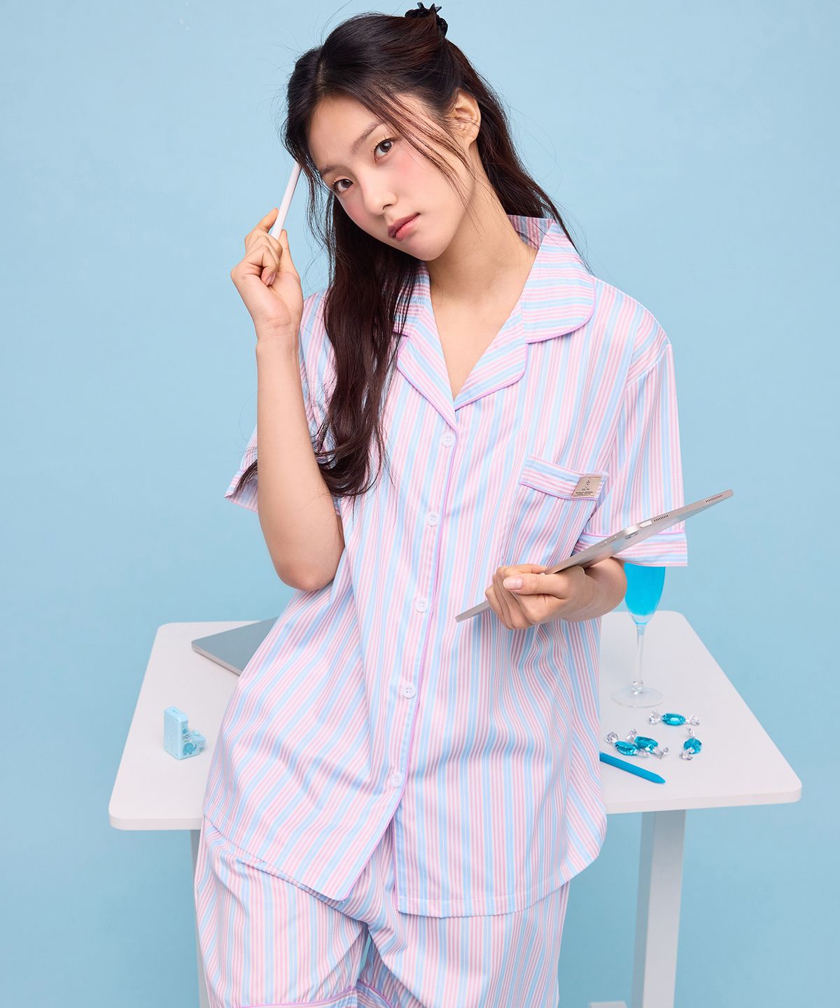 핑크존(PINKZONE) (uni) 캔디베일 반팔 카라 잠옷 세트
