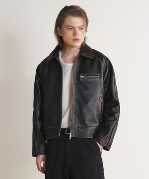 [리얼레더] 빈티지 워시드 스탠드 카라 자켓 (브라운)