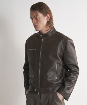 [리얼레더] 크랙 워시드 차이나 집업 자켓 (브라운)