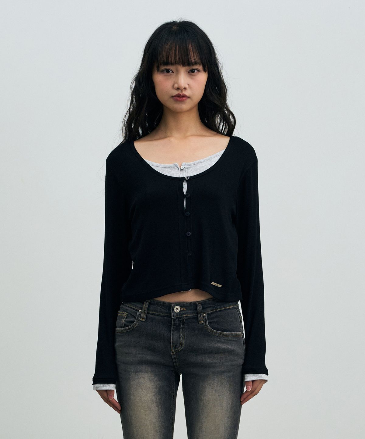 아리킴(ARIKIM) LYLA LAYERED CARDIGAN / BLACK-MELANGE