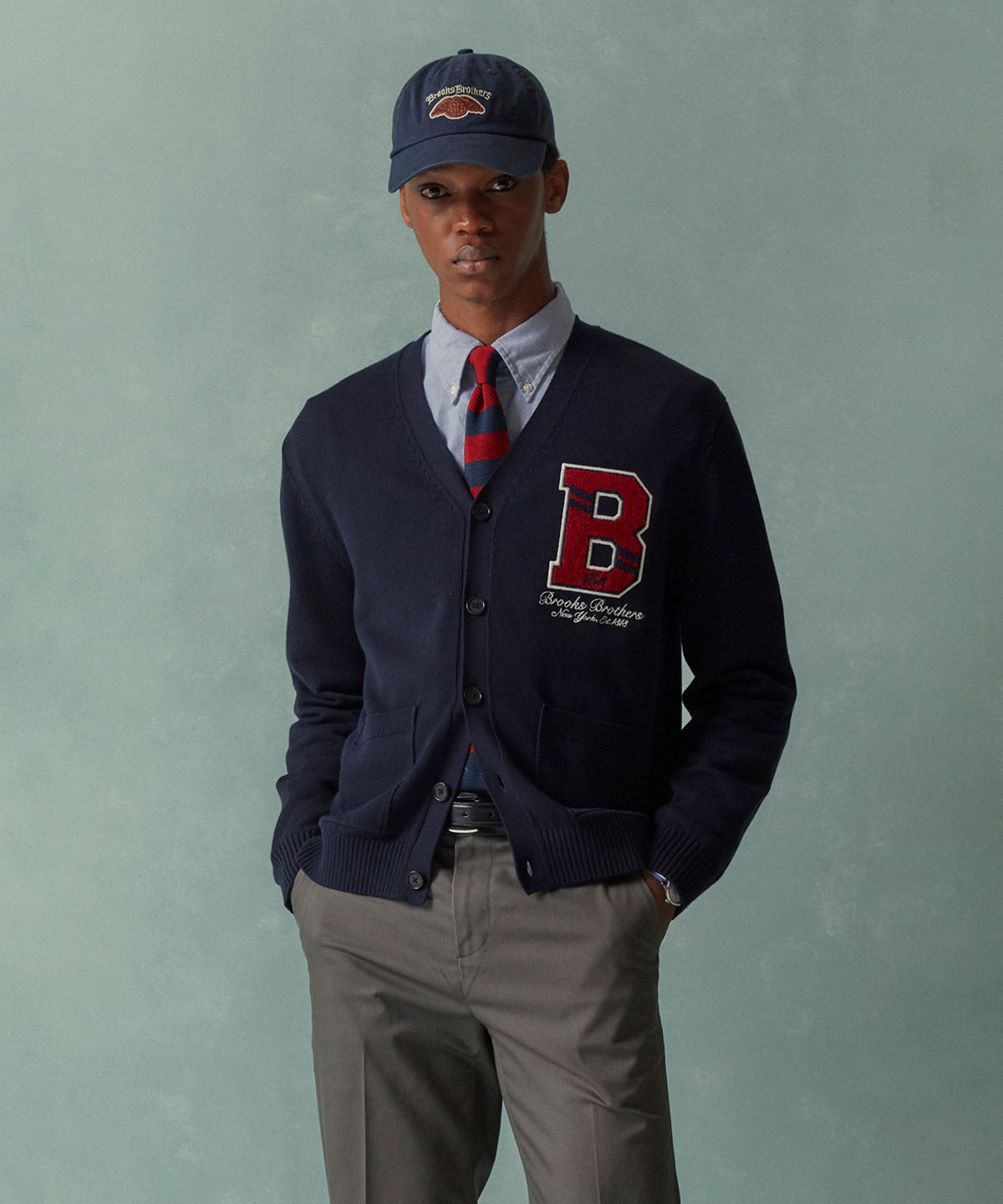 브룩스 브라더스(BROOKS BROTHERS) [Heritage] B로고 와펜 가디건 (네이비) (BBWCMHG152)