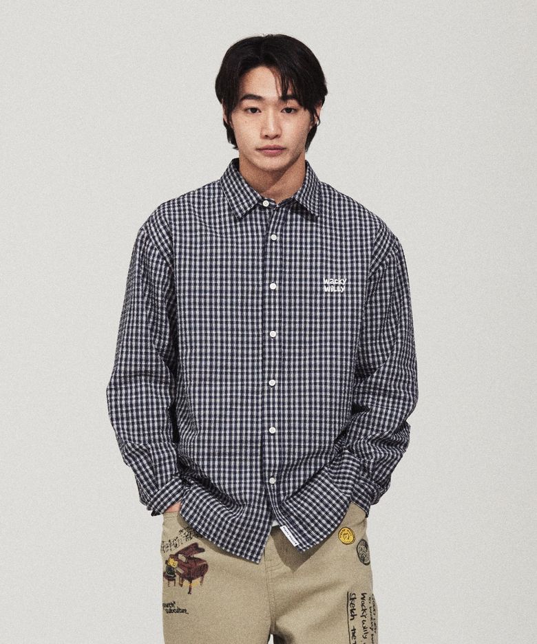 시어서커 체크 긴팔셔츠 네이비