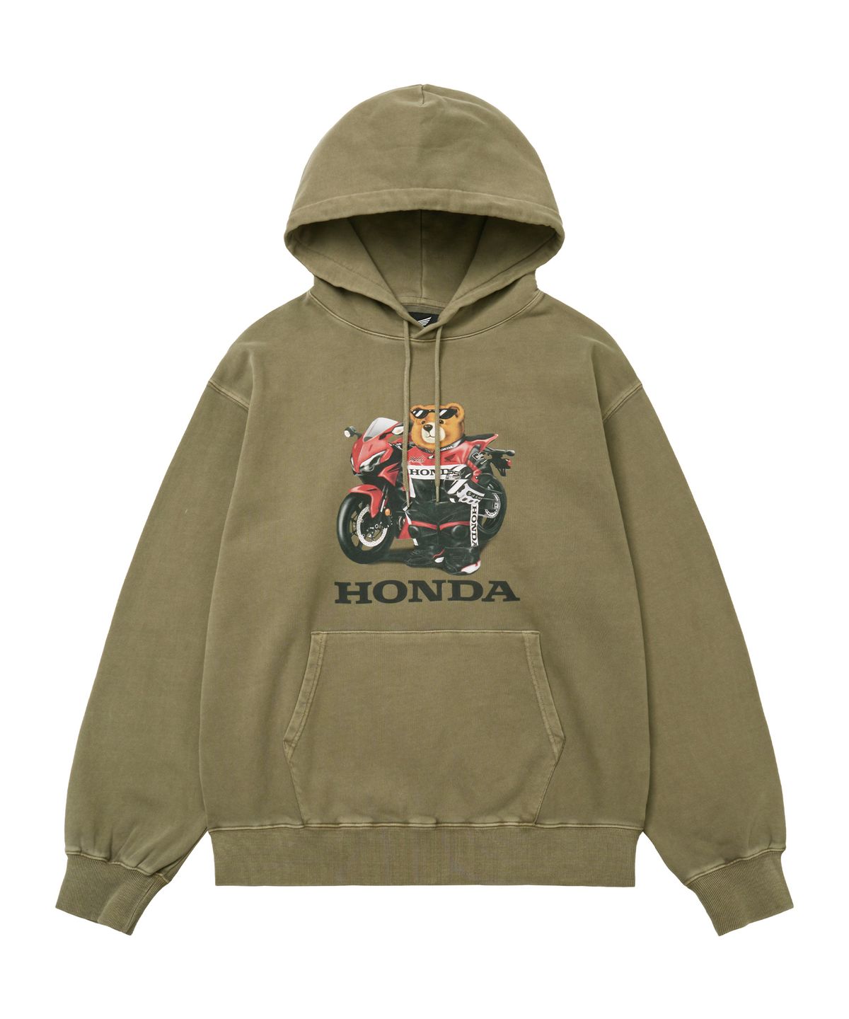 핍스 모터사이클(PHYPS MOTORCYCLE) Pigment Racing Bear Hoodie Khaki