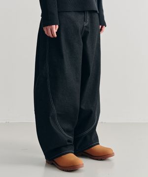 커브드 섹션 벌룬 데님 팬츠 [BLACK]