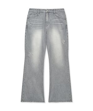 DISTRESSED FLAERD DENIM PANTS (LIGHT GRAY)