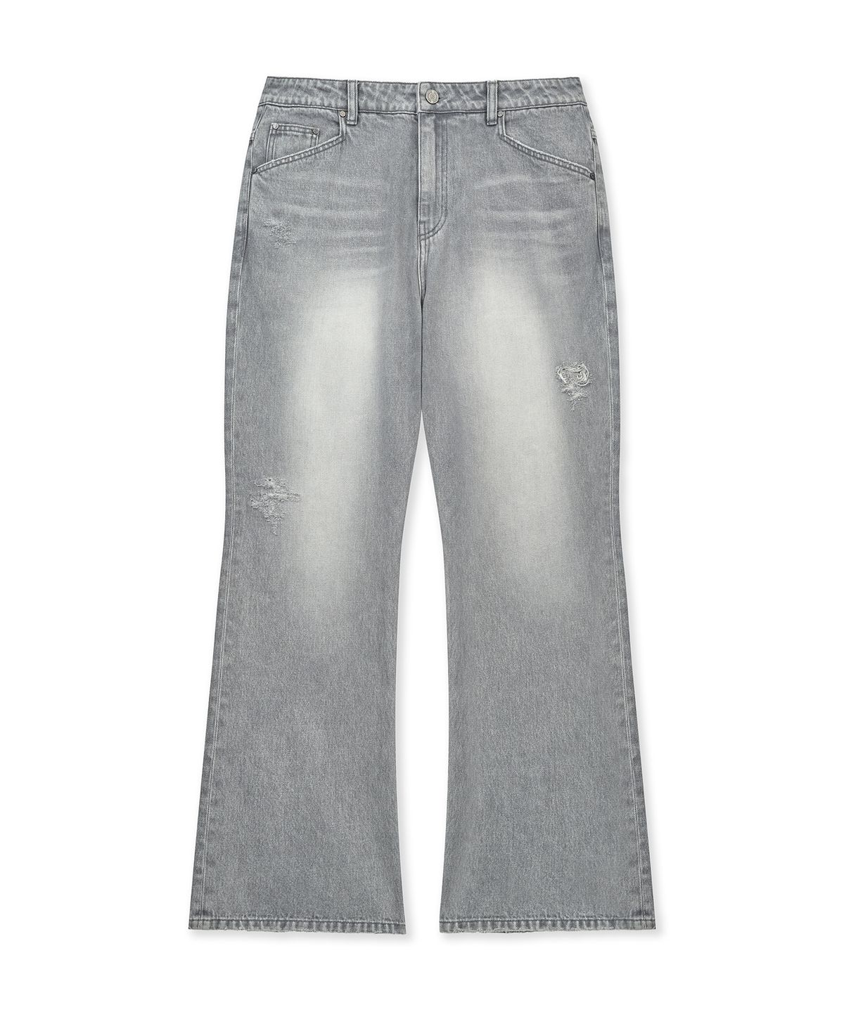 언지미크(UNGIMMICK) DISTRESSED FLAERD DENIM PANTS (LIGHT GRAY)