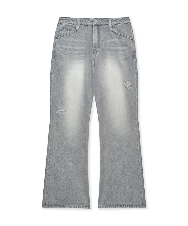 DISTRESSED FLAERD DENIM PANTS (LIGHT GRAY)