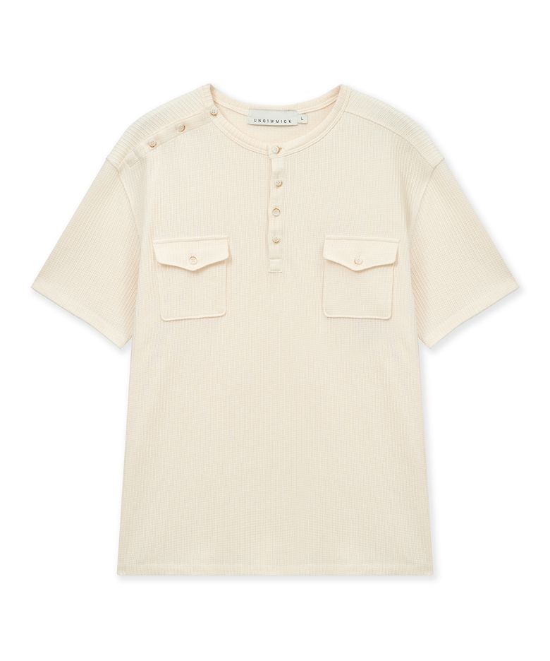 SHORT-SLEEVED WAFFLE HENLEY T-SHIRT (IVORY)