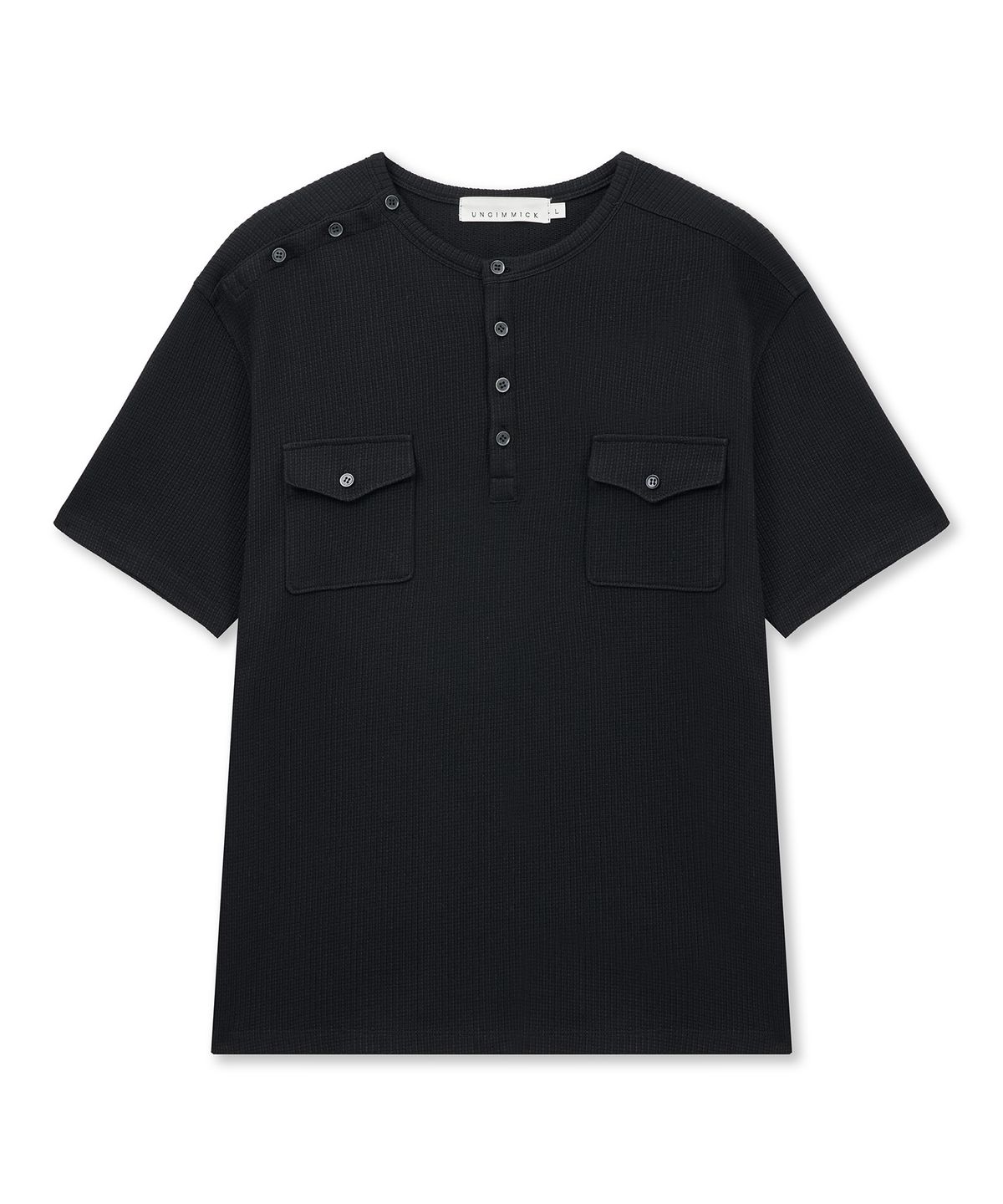 언지미크(UNGIMMICK) SHORT-SLEEVED WAFFLE HENLEY T-SHIRT (BLACK)