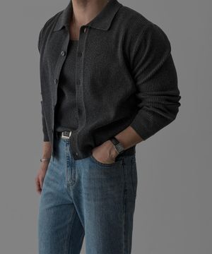 크롭 리브드 카라 가디건 [차콜]