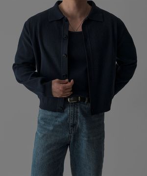 크롭 리브드 카라 가디건 [네이비]