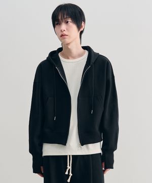 컴바인 크롭 핑거홀 후드 집업 [BLACK]