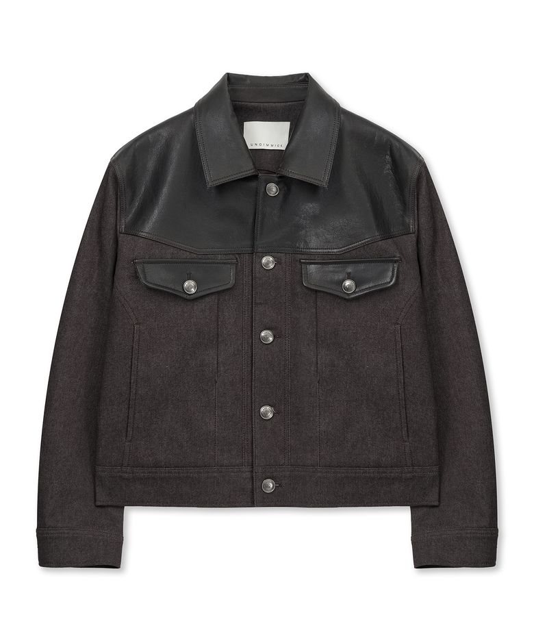 LEATHER YOKE DENIM JACKET (BURGUNDY)