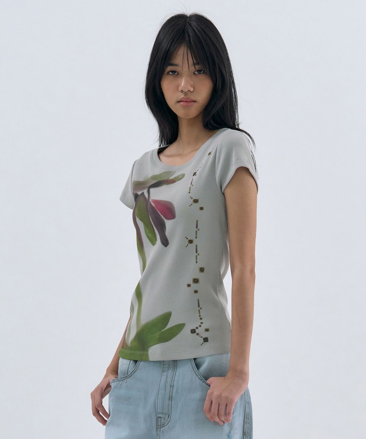 웰빙익스프레스(WELLBEING EXPRESS) Flower Half Sleeve-red Grey