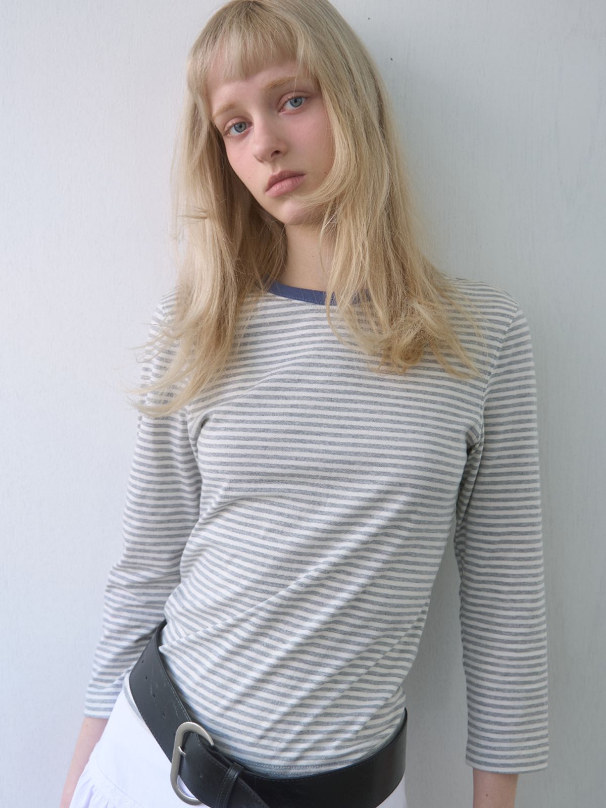 기준(KIJUN) Stripe Mid Sleeve Tee Melange Grey