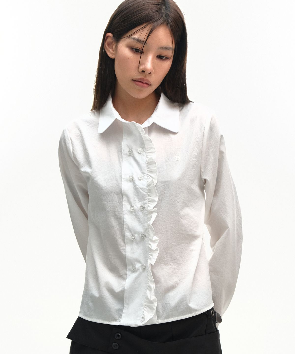 플레이스 스튜디오(PLACE STUDIO) 프릴 레이스 더블 버튼 클래식 베이직 긴팔 블라우스 셔츠 [화이트]