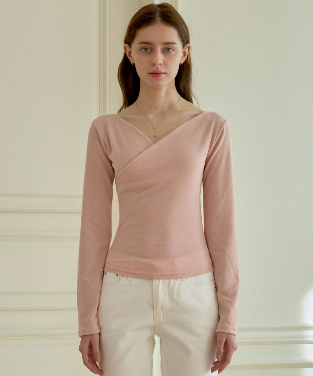 힐리오트(HEALIOTE) WRAP V OFF-SHOULDER T-SHIRT_PINK