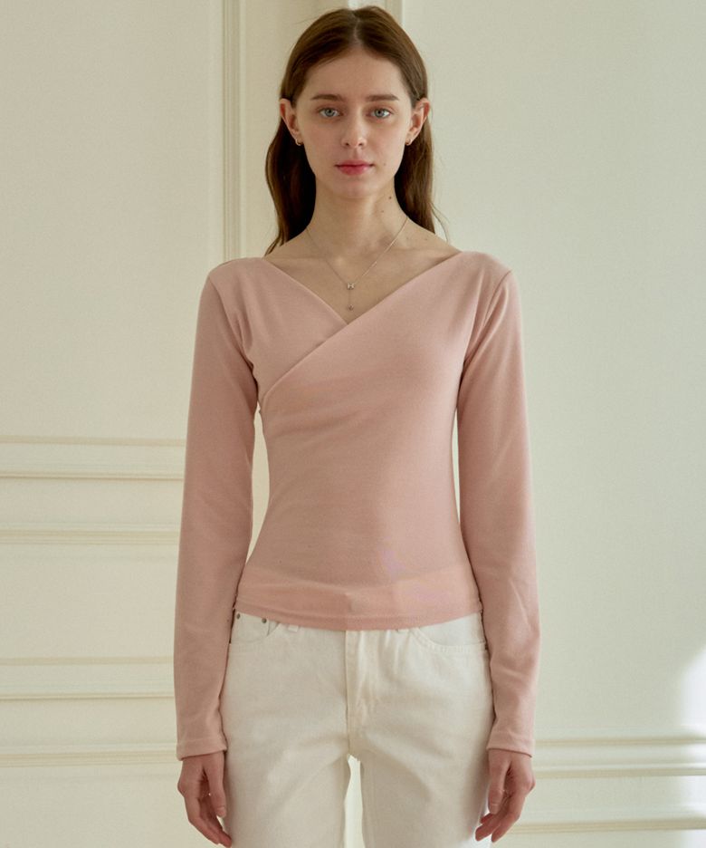 WRAP V OFF-SHOULDER T-SHIRT_PINK