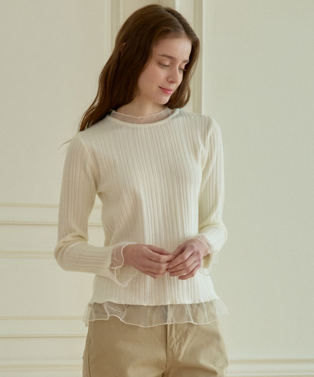 힐리오트(HEALIOTE) LACE RIBBED KNIT TOP_IVORY