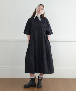 Pintuck Long Shirt Dress - black