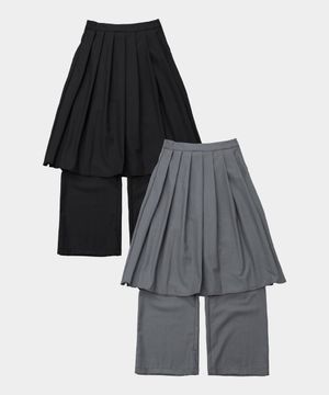 플레어 플리츠 레이어드 미디 스커트 와이드 팬츠 셋업_2COLOR