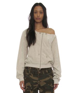 테리 드로스트링 오프숄더 집업 탑_아이보리