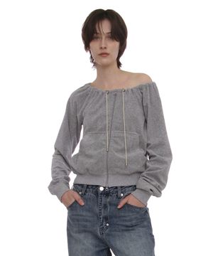 테리 드로스트링 오프숄더 집업 탑_멜란지