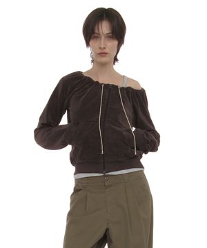 테리 드로스트링 오프숄더 집업 탑_차콜