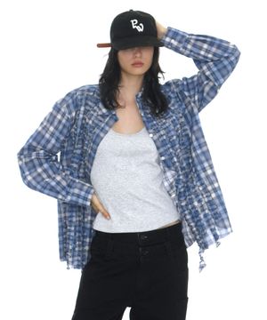 컷오프 프릴 트림 셔츠_블루 체크