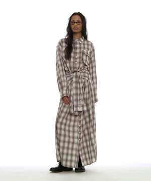 슬리브-타이 셔츠 맥시 드레스_베이지 체크