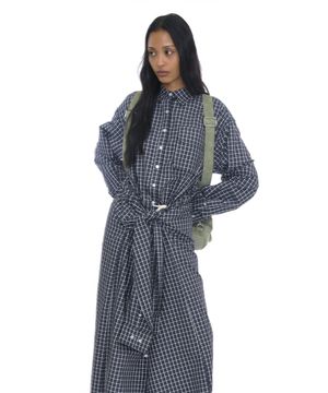 슬리브-타이 셔츠 맥시 드레스_네이비 체크