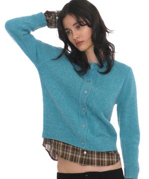 부클 셔츠-헴 레이어드 가디건_에메랄드