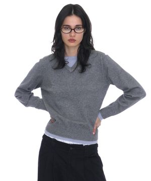 컬러블럭 더블 레이어드 니트 스웨터_멜란지