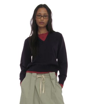 컬러블럭 더블 레이어드 니트 스웨터_네이비