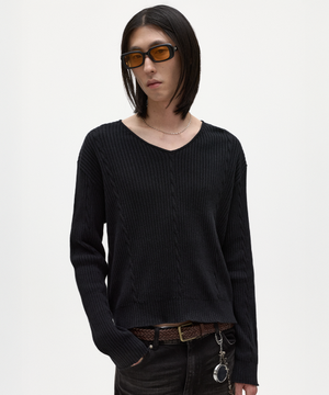 하츠 린넨코튼 브이넥 니트 블랙